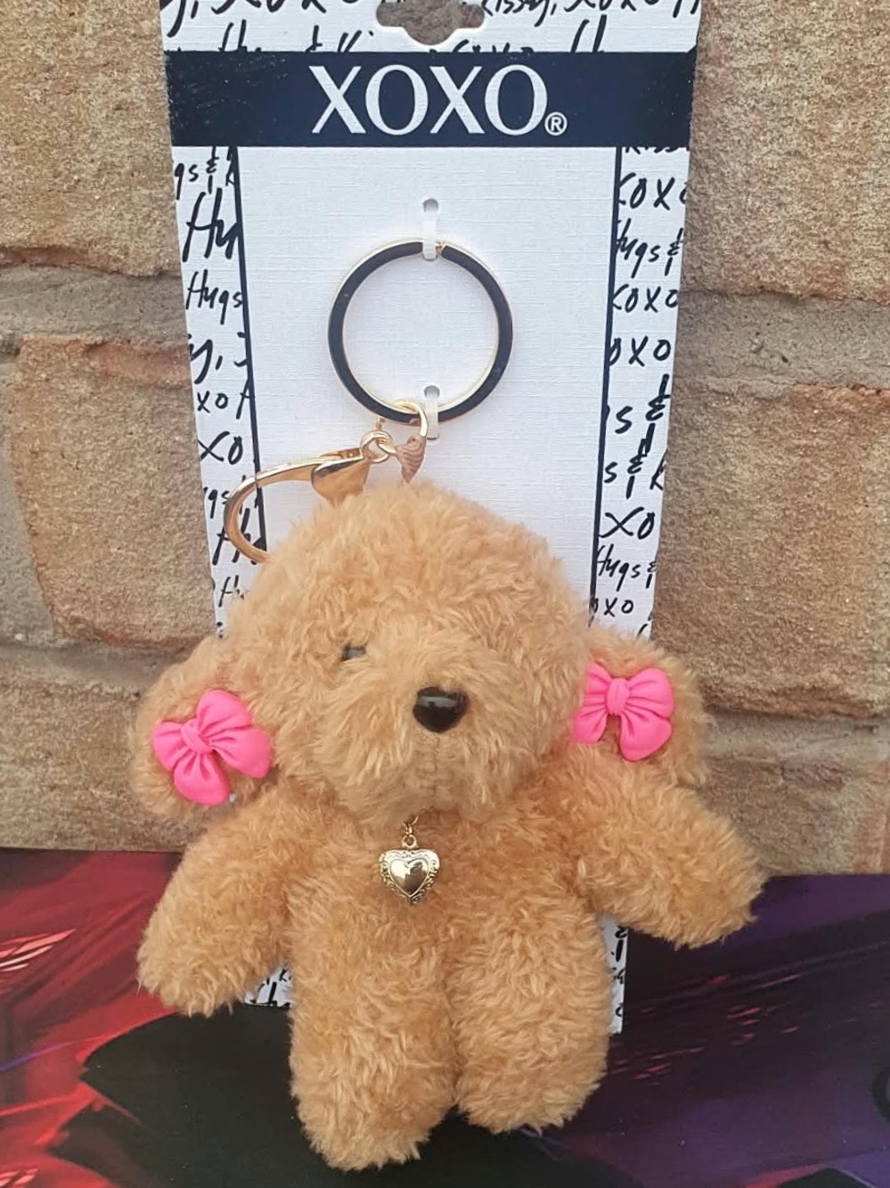 🐻 XOXO Tan Plush Teddy Bear Keychain and Bag Charm with Pink Bows & Gold Heart